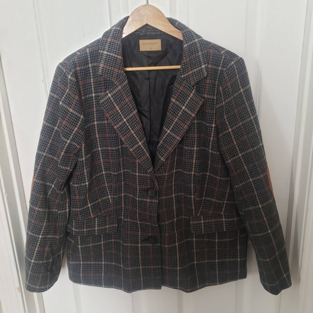 Crescent Black Gray Plaid Houndstooth Blazer Medium Button Elbow Patch Hunting